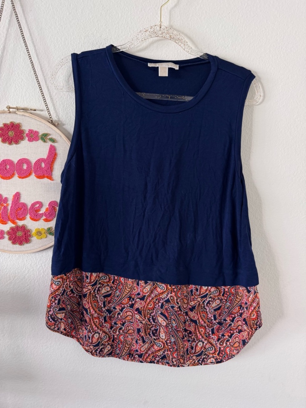 Michael Kors Navy Sleeveless Top with Paisley Hem